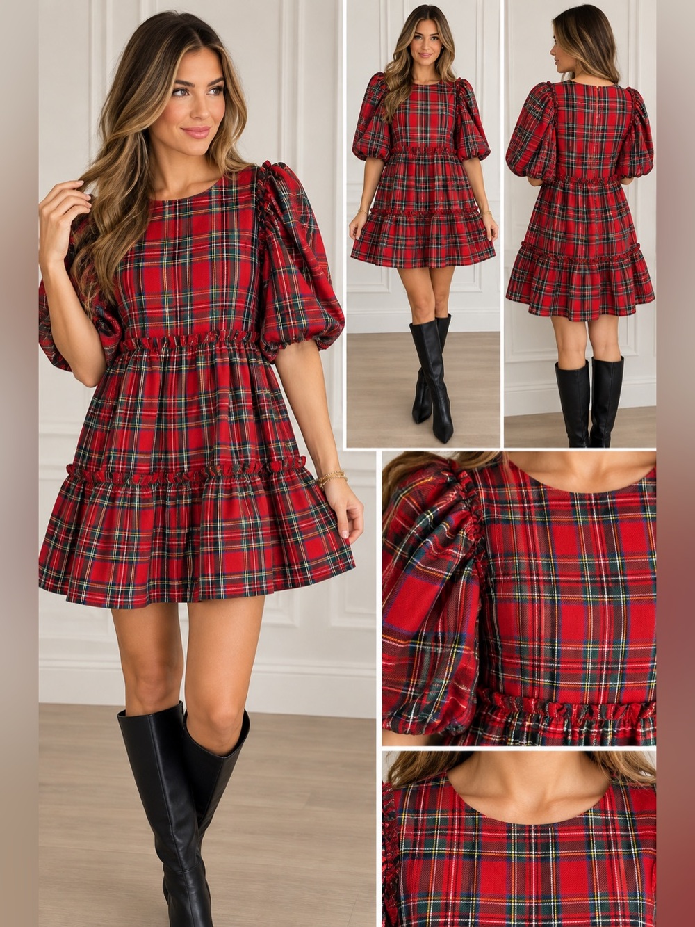 AURA Red Tartan Plaid Puff Sleeve Tiered Mini Dress Size Small holiday photo
